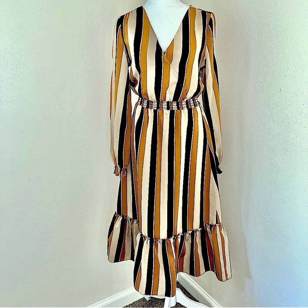 SEZANE Rue Saint-Fiacre EUC Titiane Dress Stripe V-Neck Long Sleeve Tan/Blk SZ 4